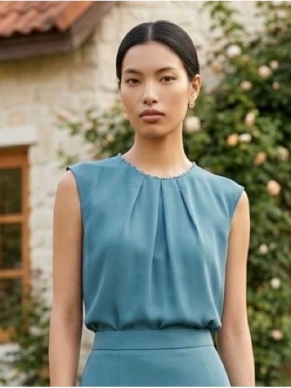 Reiss Light Blue Sleeveless Satin Blouse Embroidered Neck Trim Top